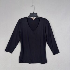 Judy P Top Womens Medium Black Solid V-Neck 3/4 Sleeve Basic Minimal Neutral